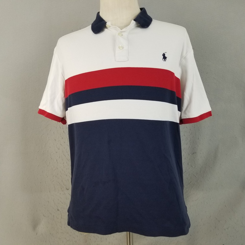 Polo Ralph Lauren Polo Men L White Red Navy Colorblock Stripe Short Sleeve Shirt